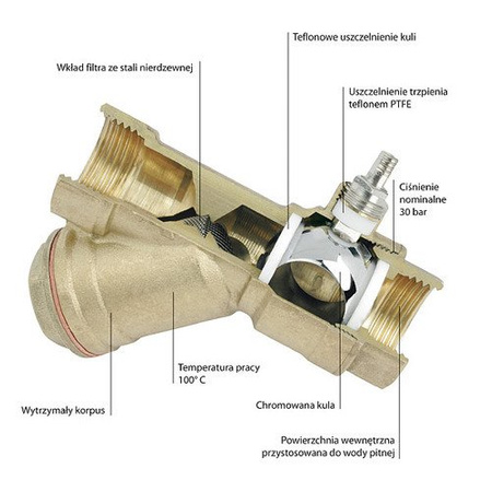 ZAWÓR KULOWY FERRO Z FILTREM SKOŚNYM 1/2 CALA